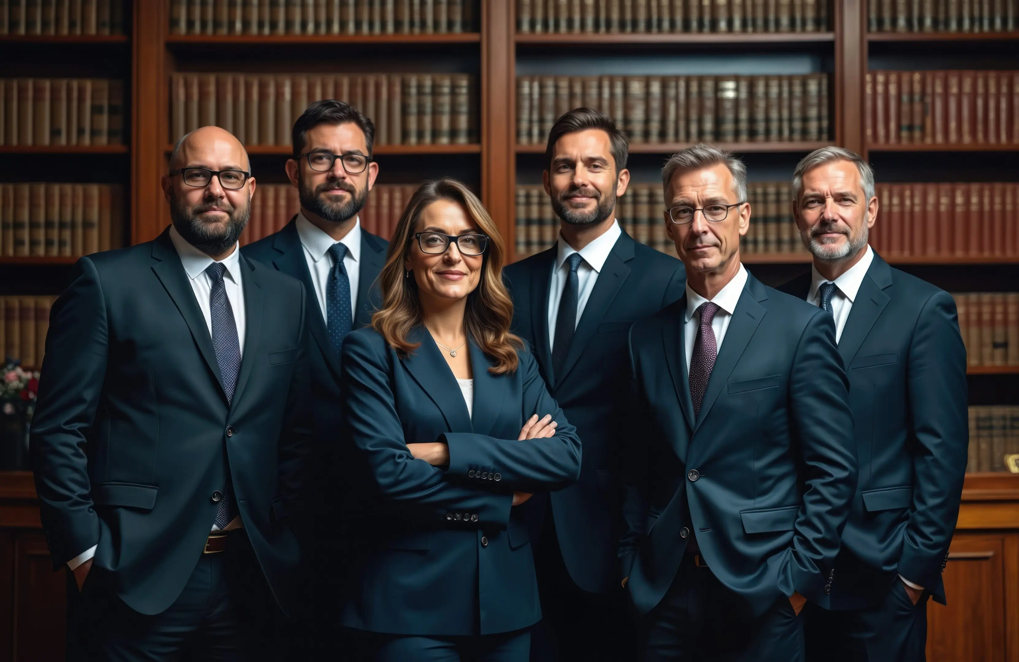 Professional team of six businesspeople posing confidently in formal attire in a library.